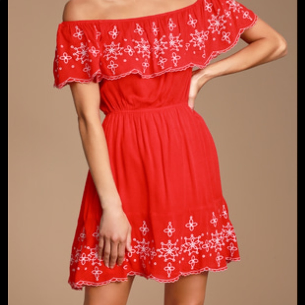 Lulu's Embroidered Layla Red Ruffle Skater Dress - Picture 2 of 3